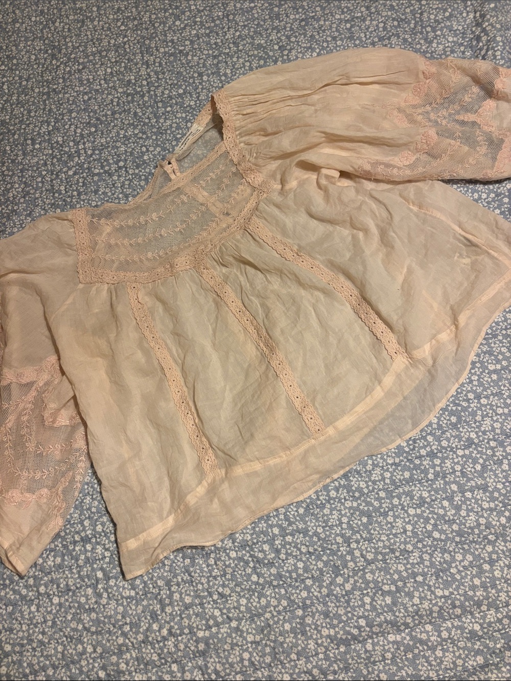 Anthropologie Blush Pink Lace-Inset Peasant Blouse